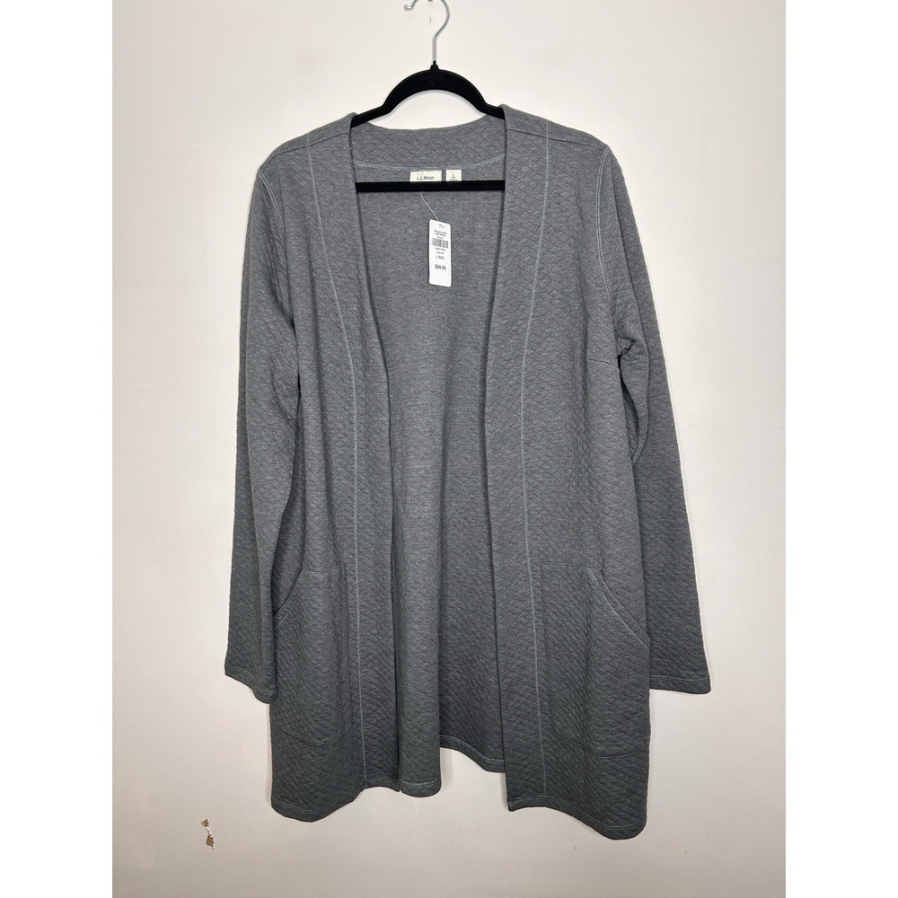 L.L. Bean Gray Textured Open Front Cardigan Jacket Cotton Blend Size Large New